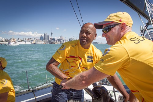 Jonah Lomu tried his hand at grinding aboard Azzam before the start of the In-Port Race in Auckland. Image Ian Roman - Abu Dhabi Ocean Racing.jpg