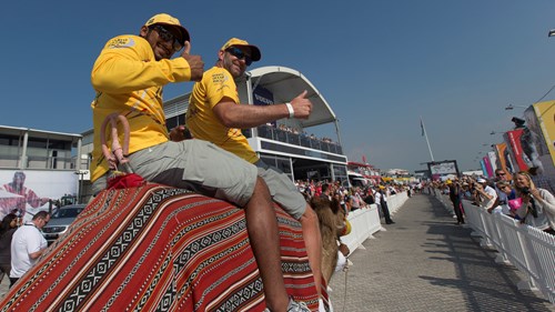 Abu Dhabi Ocean Racing skipper Ian Walker and Adil Khalid arrive for the In-Port Race in traditional style - Photo by Ian Roman - Abu Dhabi Ocean Racing.jpg
