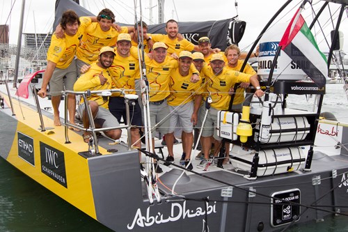 ADOR and the rugby legends scrummed down on Azzam's deck on Sunday. Picture Ian Roman   Abu Dhabi Ocean Racing.jpg
